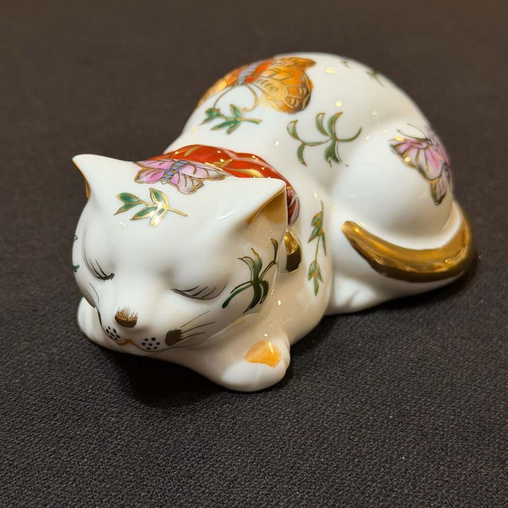 Andrea by Sadek Sleeping Cat Porcelain Figurine with Butterfly and Floral Motif